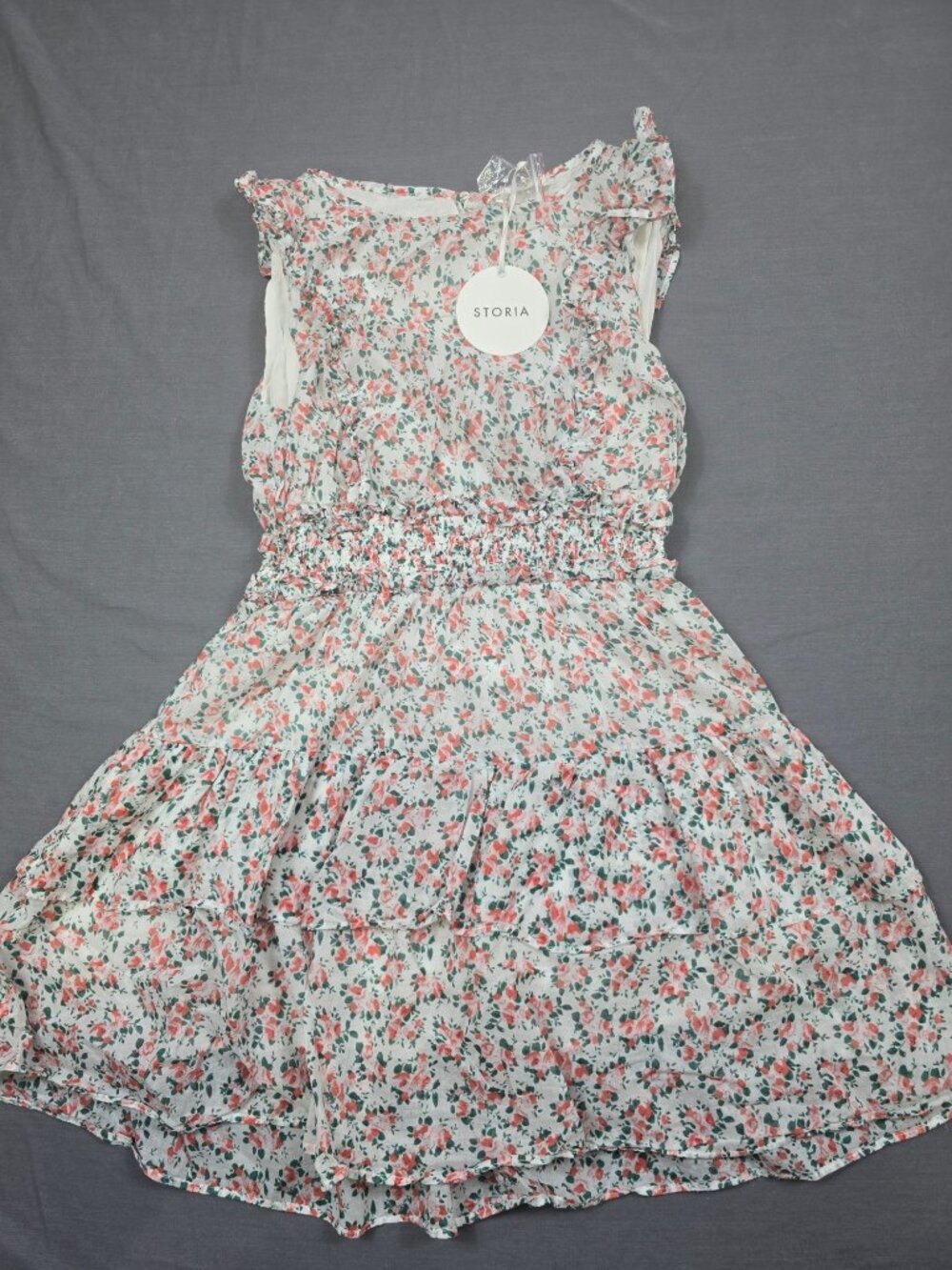 Storia Floral Sleeveless Smocked Waist Mini Dress M 100% Cotton Lining NEW